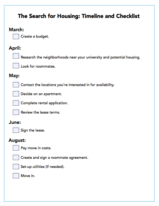 A timeline for looking for housing. 